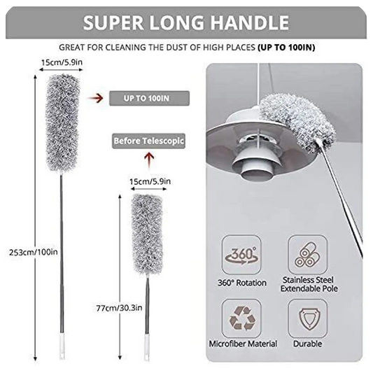 Long Handle Microfiber Feather Fan Ceiling Duster for Dust Cleaning with extendable Pole 100 Inch with Anti Scratch Bendable Brush for Cleaning High roof Cobweb Stick