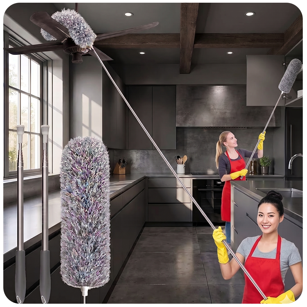 Long Handle Microfiber Feather Fan Ceiling Duster for Dust Cleaning with extendable Pole 100 Inch with Anti Scratch Bendable Brush for Cleaning High roof Cobweb Stick