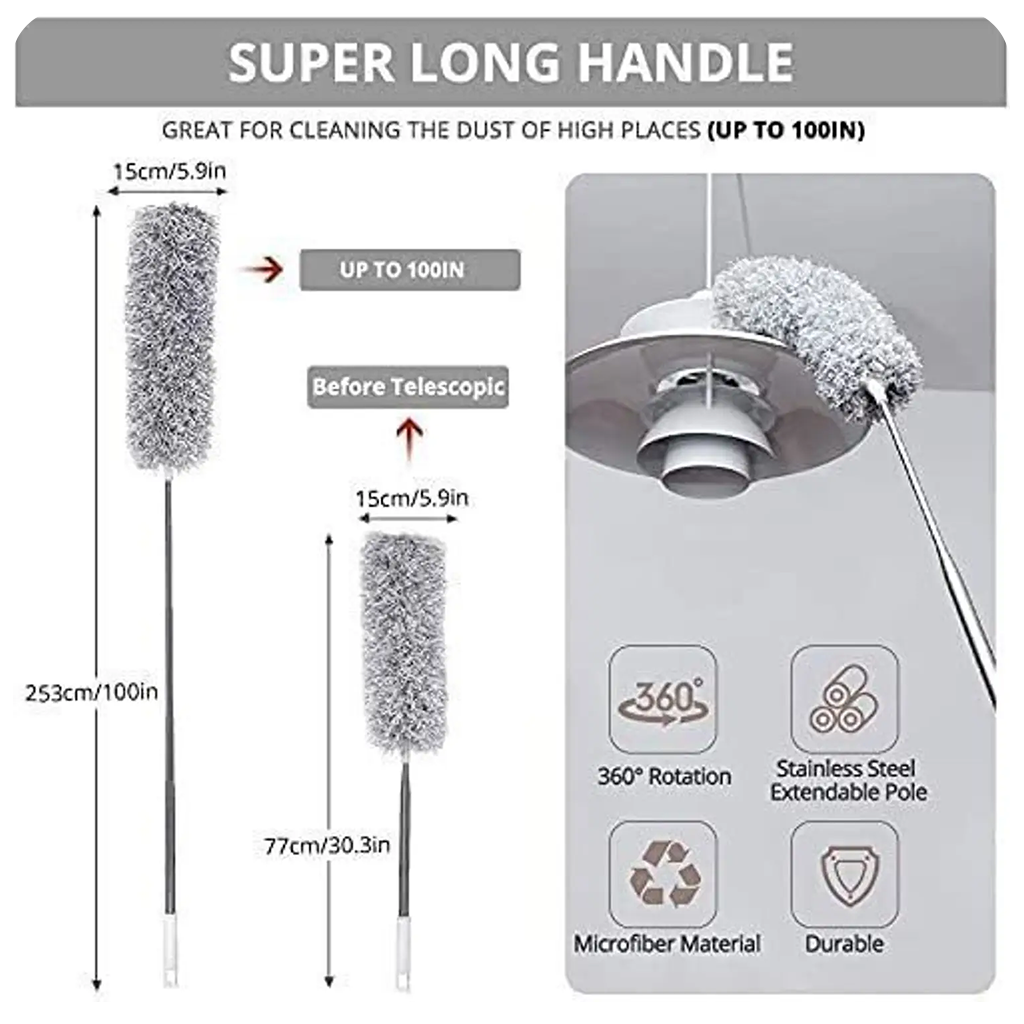 Long Handle Microfiber Feather Fan Ceiling Duster for Dust Cleaning with extendable Pole 100 Inch with Anti Scratch Bendable Brush for Cleaning High roof Cobweb Stick
