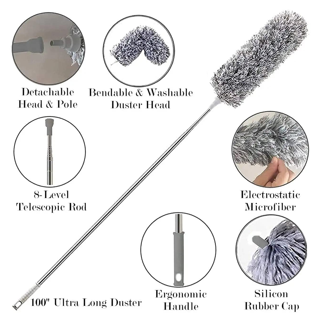Long Handle Microfiber Feather Fan Ceiling Duster for Dust Cleaning with extendable Pole 100 Inch with Anti Scratch Bendable Brush for Cleaning High roof Cobweb Stick